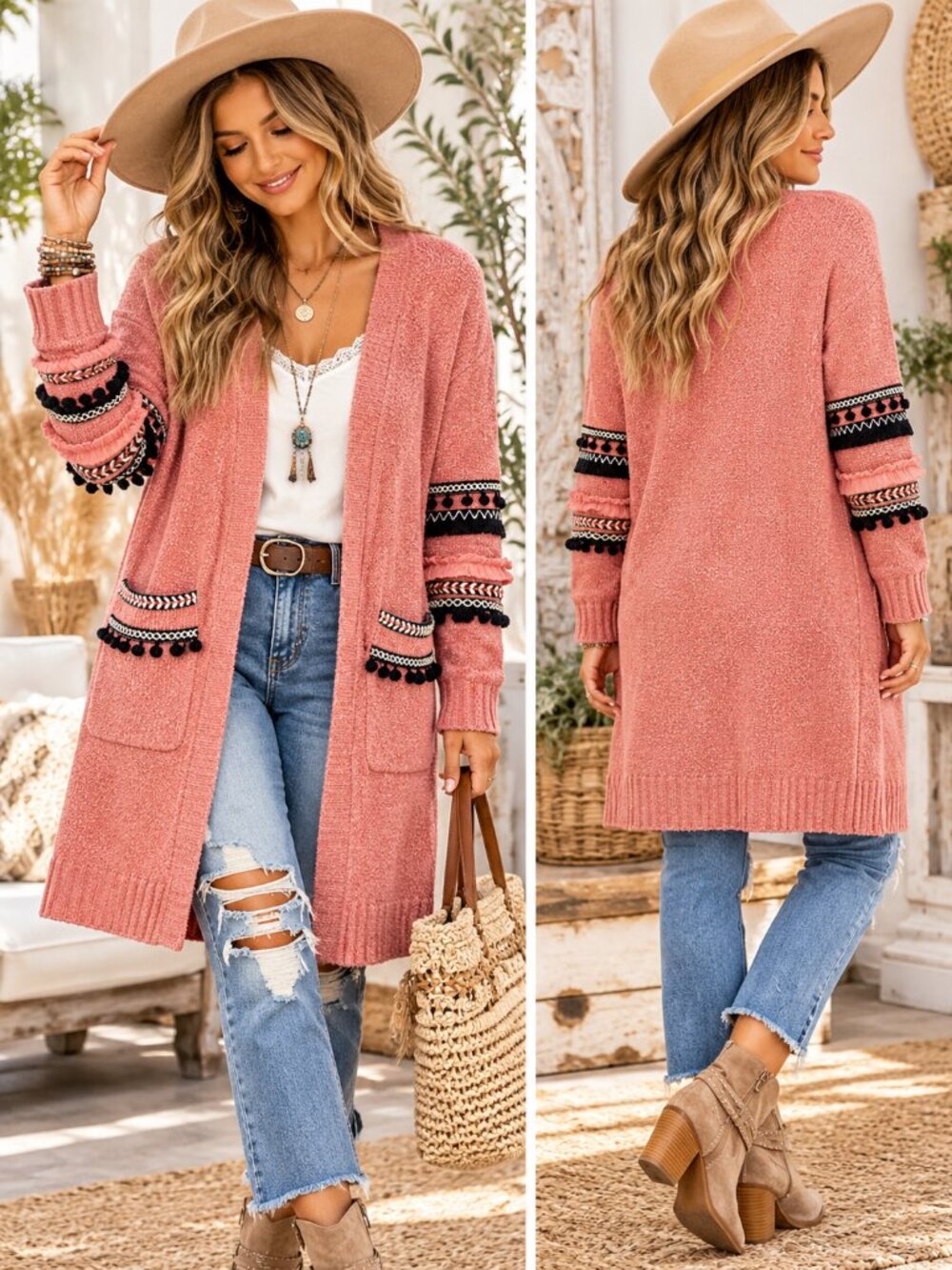 ANDTHEWHY Chenille Cardigan Salmon Pink Boho Open Front Oversized S/M